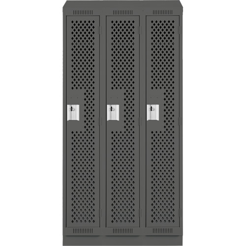 Clean Line Lockers, Bank of 3, 36" x 12" x 82", Steel, Charcoal, Rivet (Assembled), Perforated Ottawa Fastener Supply