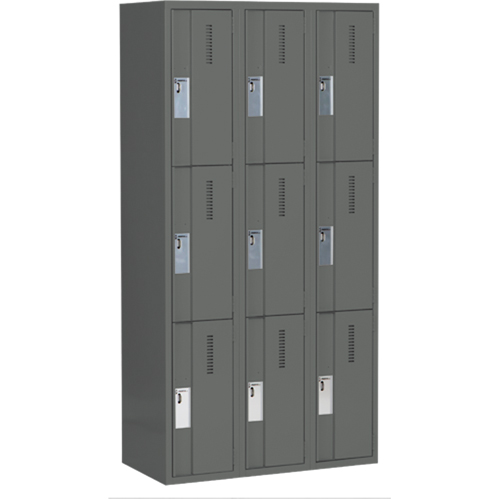 Concorde Heavy-Duty Lockers, 3 -tier, Bank of 3, 36" x 18" x 72", Steel, Charcoal, Welded (Assembled) Ottawa Fastener Supply