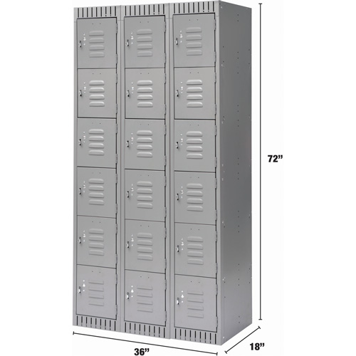 Lockers, 6 -tier, Bank of 3, 36" x 18" x 72", Steel, Grey, Knocked Down Ottawa Fastener Supply
