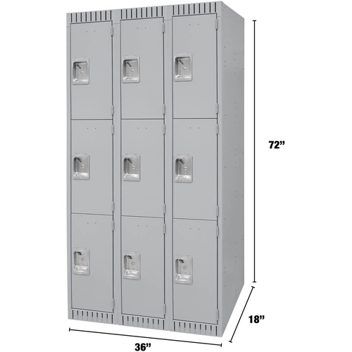 Lockers, 3 -tier, Bank of 3, 36" x 18" x 72", Steel, Grey, Knocked Down Ottawa Fastener Supply