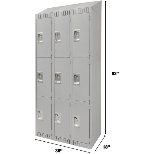 Lockers, 3 -tier, Bank of 3, 36" x 18" x 82", Steel, Grey, Knocked Down Ottawa Fastener Supply
