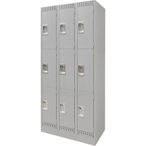 Lockers, 3 -tier, Bank of 3, 36" x 18" x 76", Steel, Grey, Knocked Down Ottawa Fastener Supply