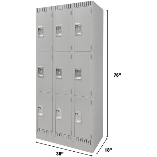 Lockers, 3 -tier, Bank of 3, 36" x 18" x 76", Steel, Grey, Knocked Down Ottawa Fastener Supply
