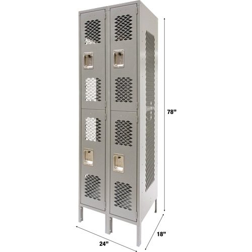 Vented Lockers, 2 -tier, Bank of 2, 24" x 18" x 78", Steel, Grey, Knocked Down, Perforated Ottawa Fastener Supply