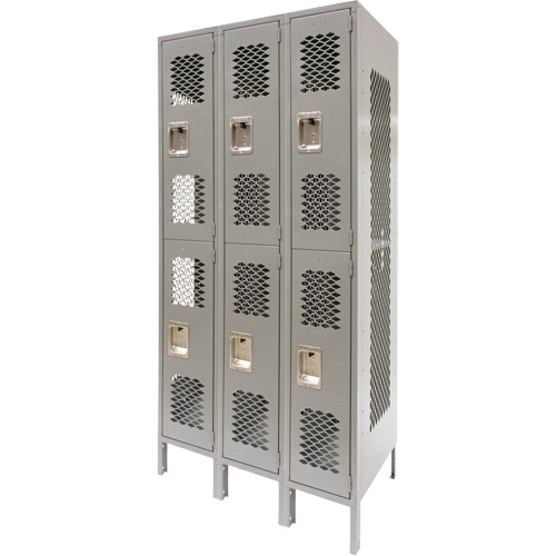 Vented Lockers, 2 -tier, Bank of 3, 36" x 18" x 78", Steel, Grey, Knocked Down, Perforated Ottawa Fastener Supply