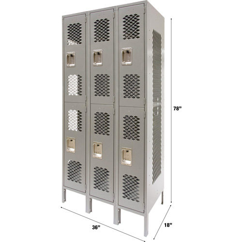 Vented Lockers, 2 -tier, Bank of 3, 36" x 18" x 78", Steel, Grey, Knocked Down, Perforated Ottawa Fastener Supply
