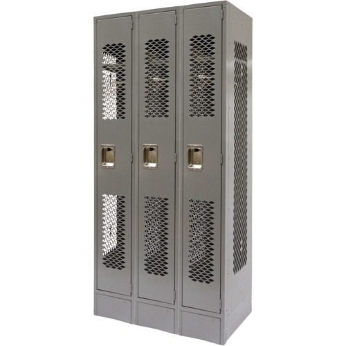 Vented Lockers, Bank of 3, 36 x 18" x 78", Steel, Grey, Knocked Down, Perforated Ottawa Fastener Supply