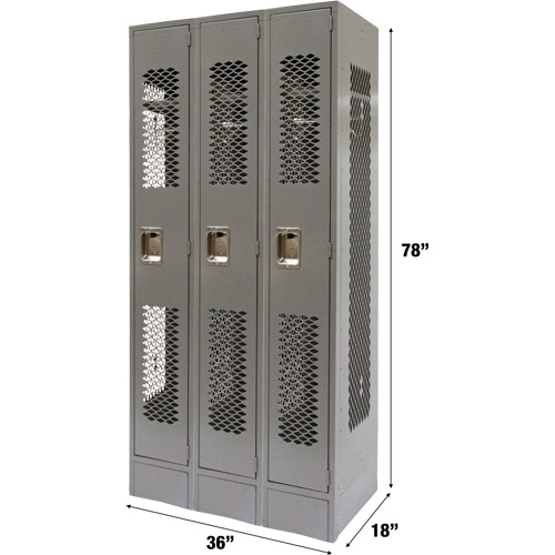 Vented Lockers, Bank of 3, 36 x 18" x 78", Steel, Grey, Knocked Down, Perforated Ottawa Fastener Supply