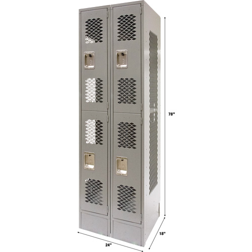 Vented Lockers, 2 -tier, Bank of 2, 24" x 18" x 78", Steel, Grey, Knocked Down, Perforated Ottawa Fastener Supply