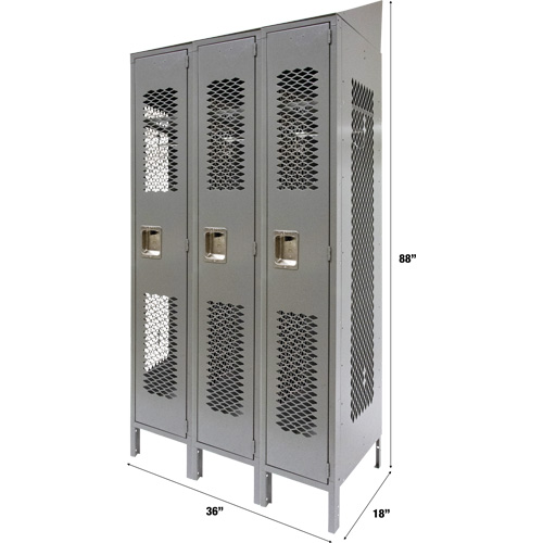 Vented Lockers, Bank of 3, 36 x 18" x 88", Steel, Grey, Knocked Down, Perforated Ottawa Fastener Supply