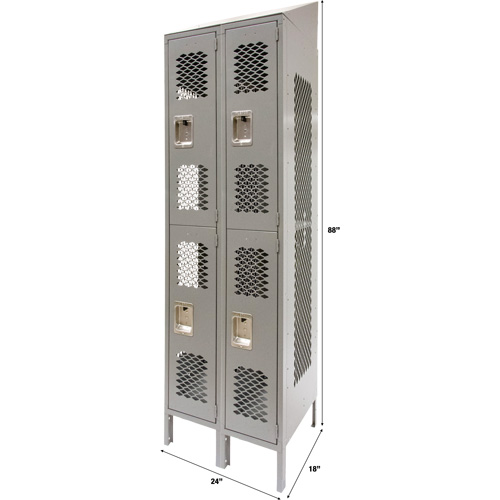 Vented Lockers, 2 -tier, Bank of 2, 24" x 18" x 88", Steel, Grey, Knocked Down, Perforated Ottawa Fastener Supply
