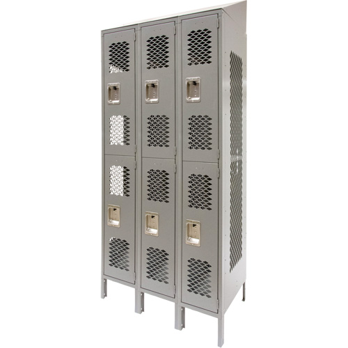 Vented Lockers, 2 -tier, Bank of 3, 36 x 18" x 88", Steel, Grey, Knocked Down, Perforated Ottawa Fastener Supply