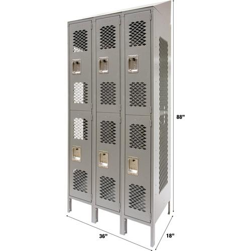 Vented Lockers, 2 -tier, Bank of 3, 36 x 18" x 88", Steel, Grey, Knocked Down, Perforated Ottawa Fastener Supply