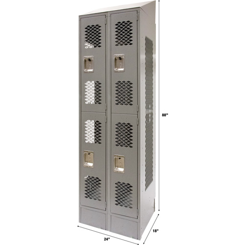 Vented Lockers, 2 -tier, Bank of 2, 24" x 18" x 88", Steel, Grey, Knocked Down, Perforated Ottawa Fastener Supply