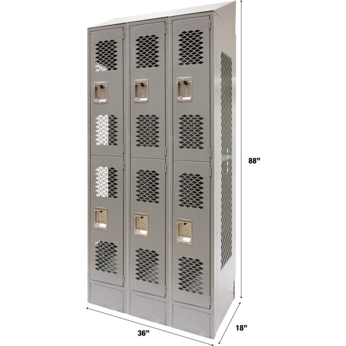 Vented Lockers, 2 -tier, Bank of 3, 36 x 18" x 88", Steel, Grey, Knocked Down, Perforated Ottawa Fastener Supply