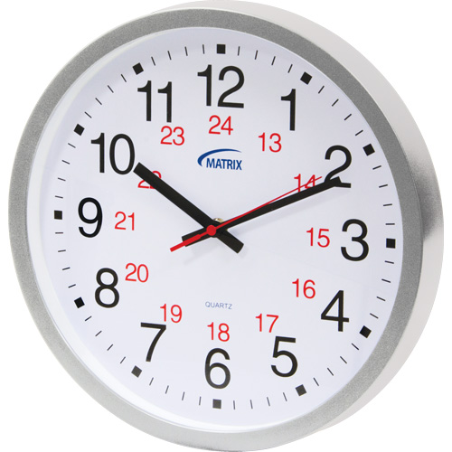12/24 H Clock, Analog, Battery Operated, 12", Silver Ottawa Fastener Supply