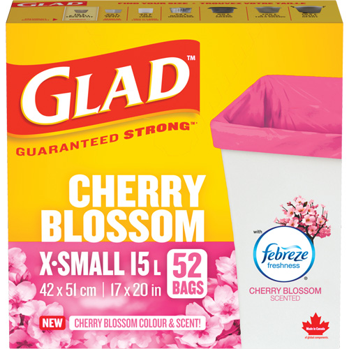 Sacs parfum&eacute;s et de couleur fleur de cerisier de Glad, Fort, 17" la x 20" lo, Rose, Capacit&eacute; 15 L (3,96 gal) Ottawa Fastener Supply