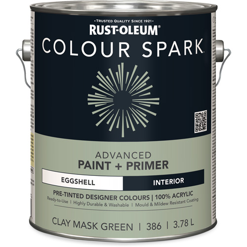 Peinture int&eacute;rieure pr&eacute;teint&eacute;e + appr&ecirc;t mural Colour Spark, Vert masque en argile, Satin&eacute;, 3,78 L, Gallon Ottawa Fastener Supply