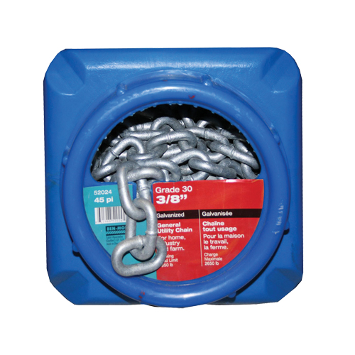 Hot-Dipped Galvanized Chains, Carbon Steel, 3/8" x 45' (13.7 m) L, Grade 30, 2650 lbs. (1.325 tons) Load Capacity Ottawa Fastener Supply