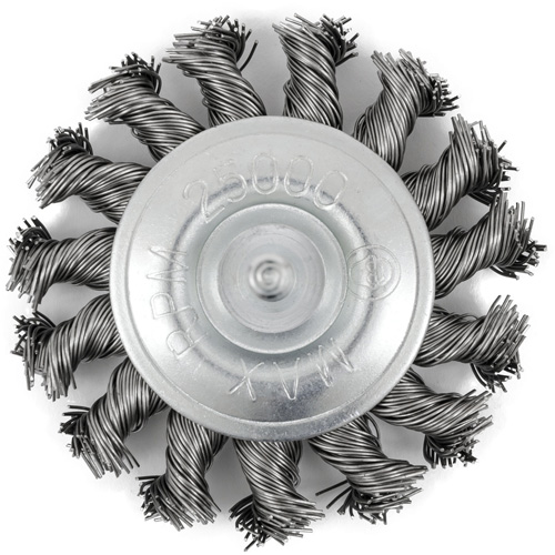 Brosse radiale &agrave; fils nou&eacute;s torsad&eacute;s mont&eacute; sur mandrin, Dia. 3", Fils 0,02", Arbre 1/4", Acier inoxydable Ottawa Fastener Supply