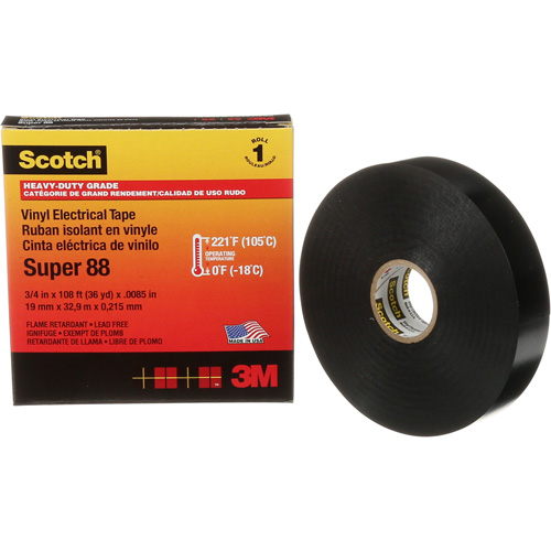 Ruban isolant Super 88 de calibre professionnel Scotch, 19 mm (3/4") la x 32,9 m (108') lo, 8,5 mils, Noir Ottawa Fastener Supply