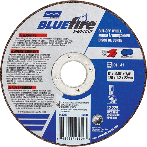 Meule a tronconner BlueFire, 4-1/2" x 0,045"/1/16", Arbre de 7/8", Type 01/41, Oxyde d'aluminium/Zirconium, 13580 Tr/min Ottawa Fastener Supply