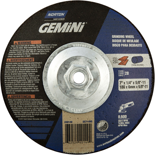 Meule soucoupes Gemini, 7" x 1/4", Arbre 5/8"-11, Oxyde d'aluminium, Type 28 Ottawa Fastener Supply