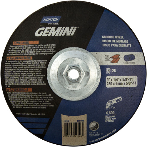 Gemini&reg; Saucer Wheel, 9" x 1/4", 5/8"-11 Arbor, Aluminum Oxide, Type 28 Ottawa Fastener Supply