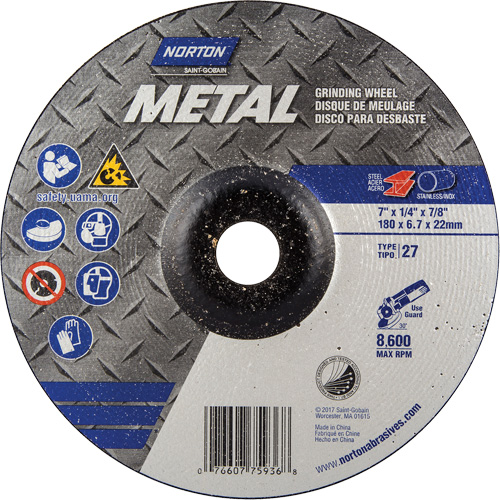 Depressed Centre Metal Grinding Wheels, 7" x 1/4", 7/8" Arbor, Aluminum Oxide, Type 27 Ottawa Fastener Supply