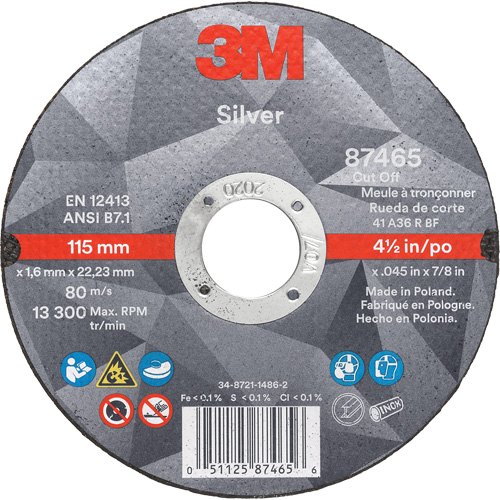 Silver Cut-Off Wheel, 4-1/2" x 0.045", 7/8" Arbor, Type 1, Ceramic, 13300 RPM Ottawa Fastener Supply