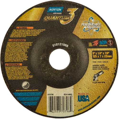 Quantum3 Grinding Wheel, 5" x 1/4", 7/8" Arbor, Ceramic, Type 27 Ottawa Fastener Supply