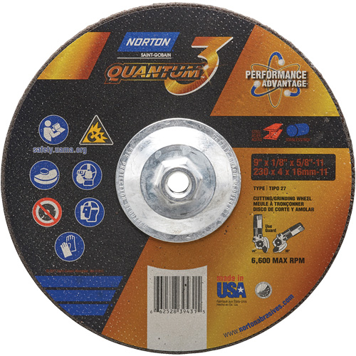 Disque de rectification et de tronçonnage Quantum3, 9" x 1/8", Arbre de 5/8"-11, Type 27, Grain de 24, C&eacute;ramique d'alumine Ottawa Fastener Supply