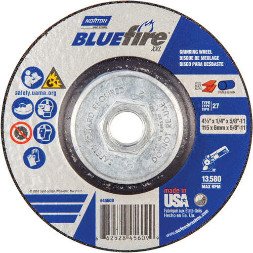 BlueFire&reg; XXL Grinding Wheel, 4-1/2" x 1/4", 5/8" Arbor, Ceramic Alumina, Type 27 Ottawa Fastener Supply