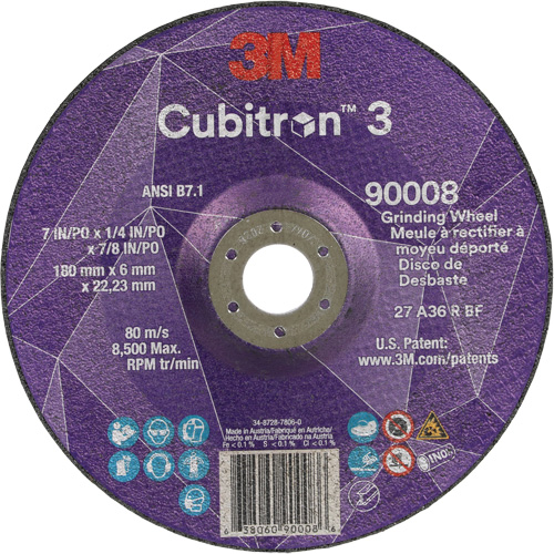 Cubitron 3 Depressed Centre Grinding Wheel, 7" x 1/4", 7/8" Arbor, Ceramic, Type T27 Ottawa Fastener Supply