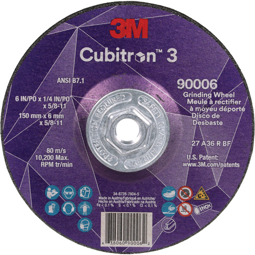 Cubitron 3 Depressed Centre Grinding Wheel, 6" x 0.25", 5/8"-11 Arbor, Ceramic, Type T27 Ottawa Fastener Supply