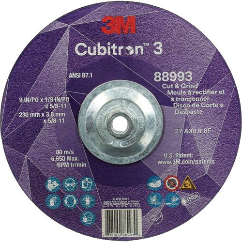 Meule &agrave; rectifier et &agrave; tronçonner Cubitron 3, 9" x 1/8", Arbre de 5/8"-11, Type 27, Grain de 36, C&eacute;ramique Ottawa Fastener Supply
