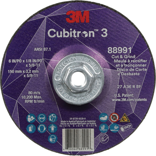 Cubitron 3 Cut and Grind Wheel, 6" x 1/8", 5/8"-11 Arbor, Type 27, 36 Grit, Ceramic Ottawa Fastener Supply