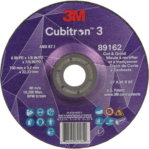 Cubitron 3 Cut and Grind Wheel, 6" x 1/8", 7/8" Arbor, Type 27, 36 Grit, Ceramic Ottawa Fastener Supply