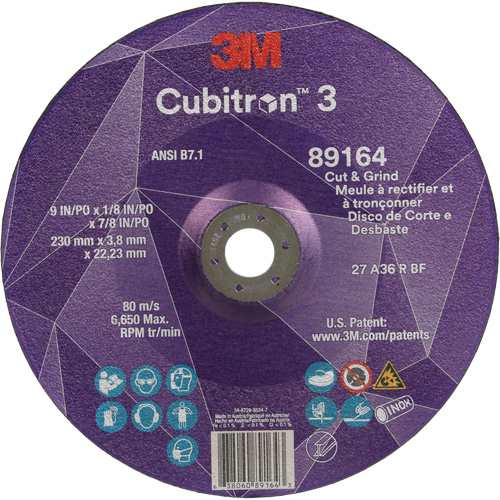 Cubitron 3 Cut and Grind Wheel, 9" x 1/8", 7/8" Arbor, Type 27, 36 Grit, Ceramic Ottawa Fastener Supply