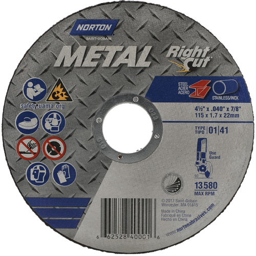 Metal RightCut Right Angle Cut-Off Wheel, 4-1/2" x 0.045", 7/8" Arbor, Type 01/41, Aluminum Oxide, 13580 RPM Ottawa Fastener Supply