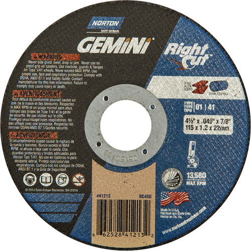 Gemini RightCut Right Angle Cut-Off Wheel, 4-1/2" x 0.045", 7/8" Arbor, Type 01/41, Aluminum Oxide, 13580 RPM Ottawa Fastener Supply