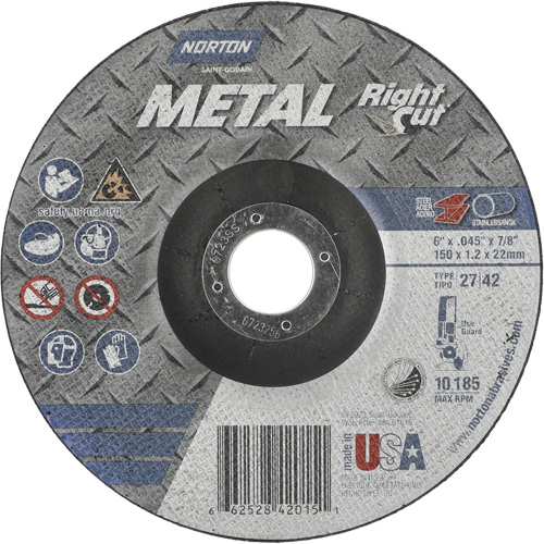 Metal RightCut Right Angle Cut-Off Wheel, 6" x 0.045", 7/8" Arbor, Type 27/42, Aluminum Oxide, 10190 RPM Ottawa Fastener Supply
