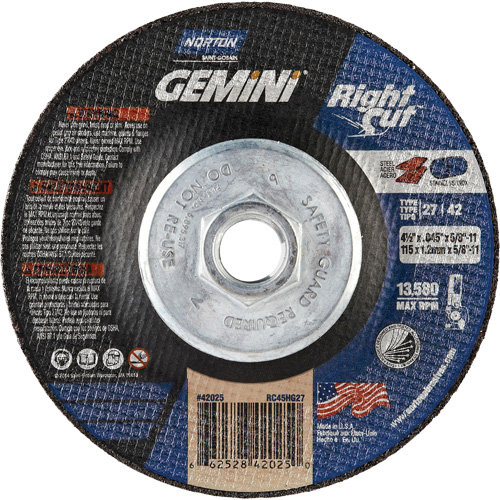 Gemini RightCut Right Angle Cut-Off Wheel, 4-1/2" x 0.045", 5/8"-11 Arbor, Type 27/42, Aluminum Oxide, 13580 RPM Ottawa Fastener Supply