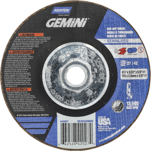 Gemini INOX/SS Right Angle Cut-Off Wheel, 4-1/2" x 3/32", 5/8"-11 Arbor, Type 27/42, Aluminum Oxide, 13580 RPM Ottawa Fastener Supply