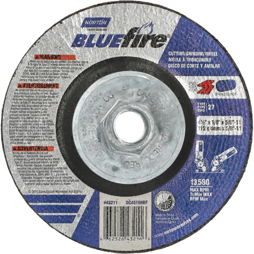 BlueFire Grinding & Cutting Wheel, 4-1/2" x 1/8", 5/8"-11 Arbor, Type 27, Zirconia Alumina Ottawa Fastener Supply