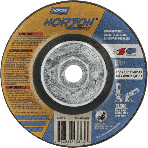 NorZon Plus SGZ CA Grinding & Cutting Wheel, 4-1/2" x 1/8", 5/8"-11 Arbor, Type 27, Ceramic Alumina Ottawa Fastener Supply