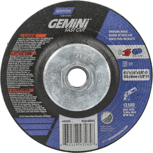 Gemini Grinding Wheel, 4-1/2" x 1/4", 5/8"-11 Arbor, Aluminum Oxide, Type 27 Ottawa Fastener Supply