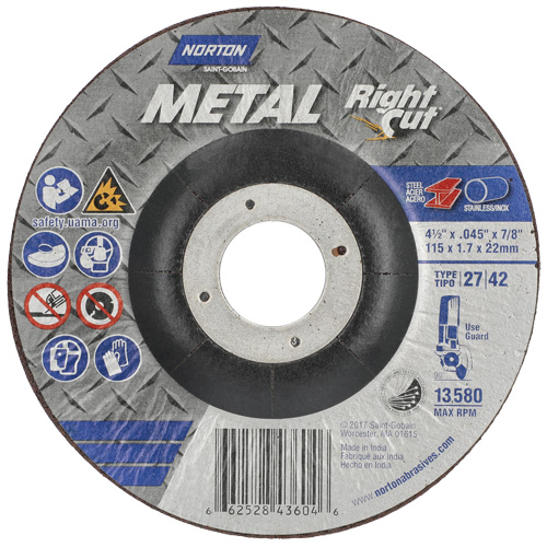 Metal RightCut Right Angle Cut-Off Wheel, 4-1/2" x 0.045", 7/8" Arbor, Type 27, Aluminum Oxide, 13580 RPM Ottawa Fastener Supply