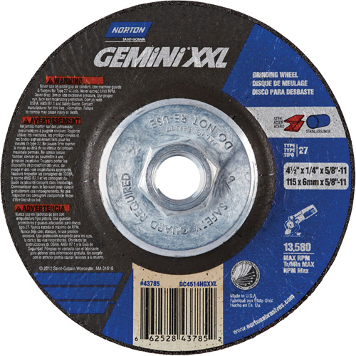 Meule XXL Gemini, 4-1/2" x 1/4", Arbre 5/8"-11, Oxyde d'aluminium, Type 27 Ottawa Fastener Supply