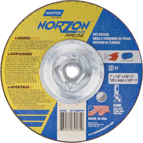 NorZon Plus SGZ Right Angle Cut-Off Wheel, 7" x 1/8", 5/8"-11 Arbor, Type 27/42, Ceramic Alumina, 8600 RPM Ottawa Fastener Supply